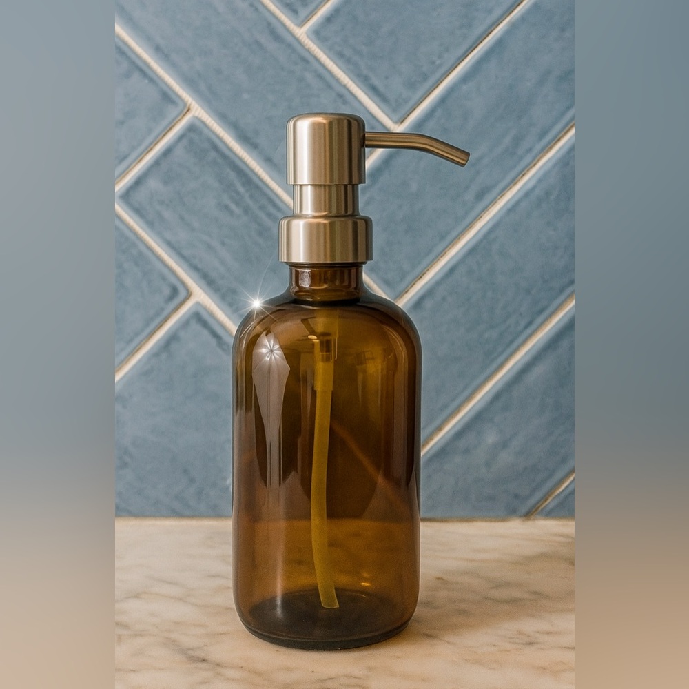 SET OF 2: 16 OZ. GLASS SOAP DISPENSERS W/ METAL PUMP (AMBER GLASS/SILVER PUMP)